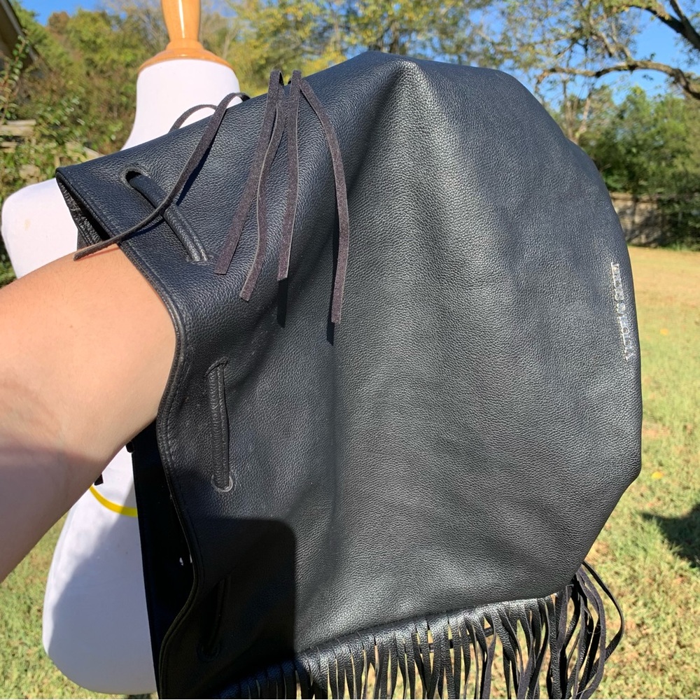 Victoria’s Secret Black Faux Leather Fringe Bucket Bag Backpack Purse - Picture 12 of 12